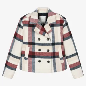 Teen Girls Ivory Check Wool Peacoat