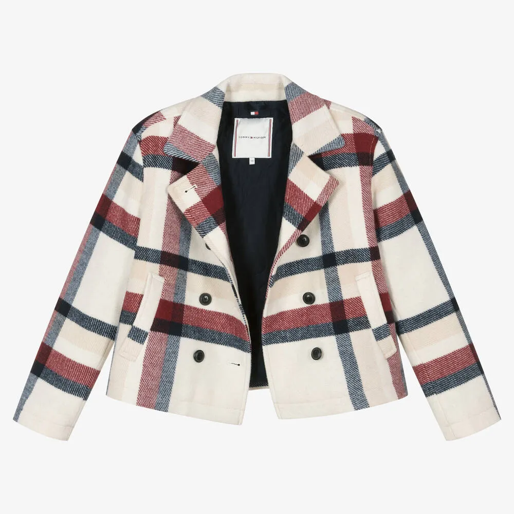 Teen Girls Ivory Check Wool Peacoat