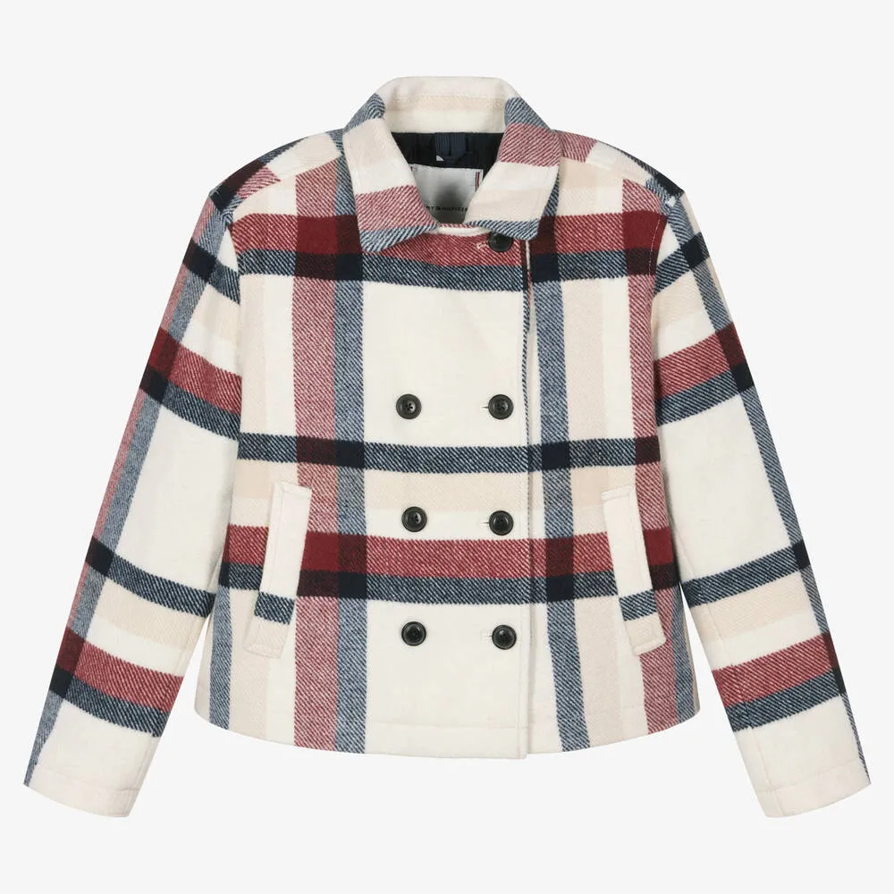 Teen Girls Ivory Check Wool Peacoat