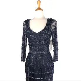 Theia Navy Blue Beaded & Flower Embroiled Dress