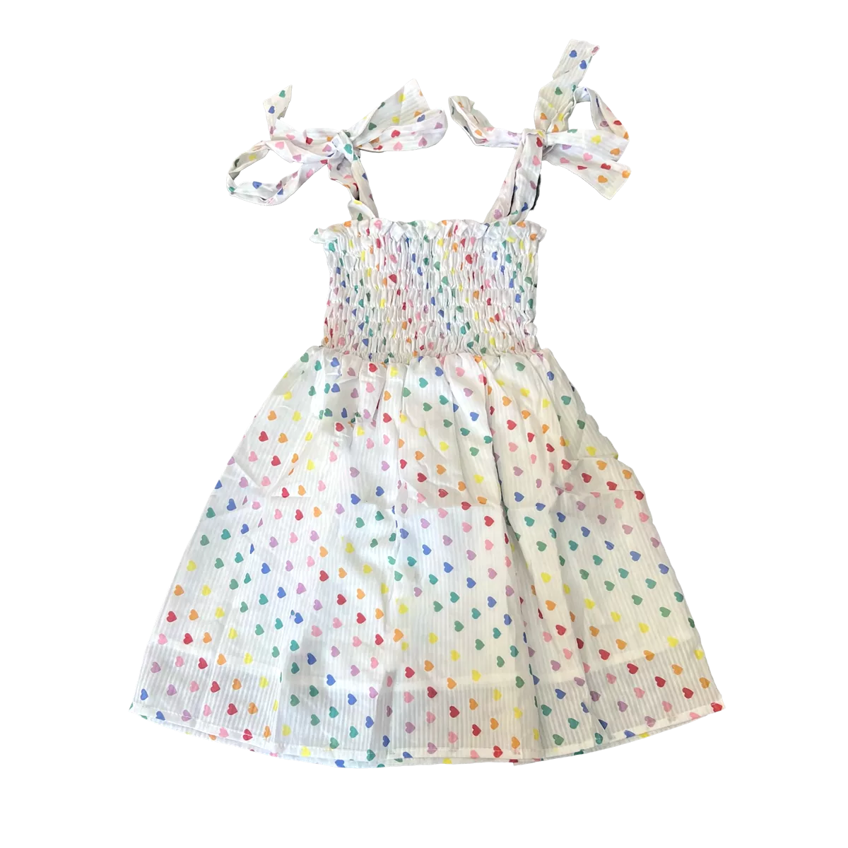 Tweenstyle by Stoopher Rainbow Heart Print Smocked Tie Strap Dress