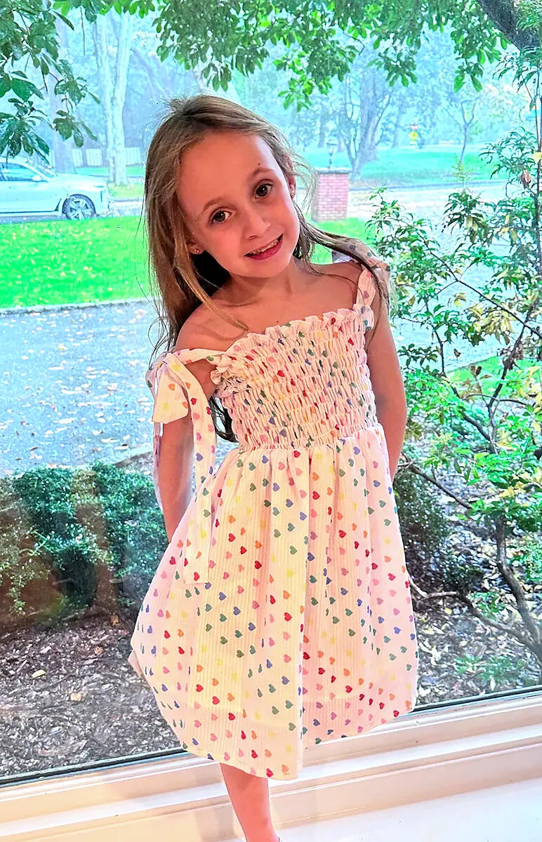 Tweenstyle by Stoopher Rainbow Heart Print Smocked Tie Strap Dress