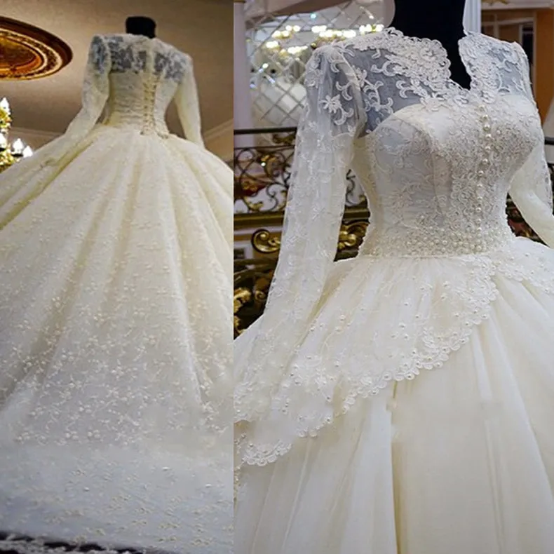 Vintage Unique Gorgeous Ball Gown Full Ivory Lace Beading Long Sleeve Elegant Lace Up Back Wedding Dress,DB088