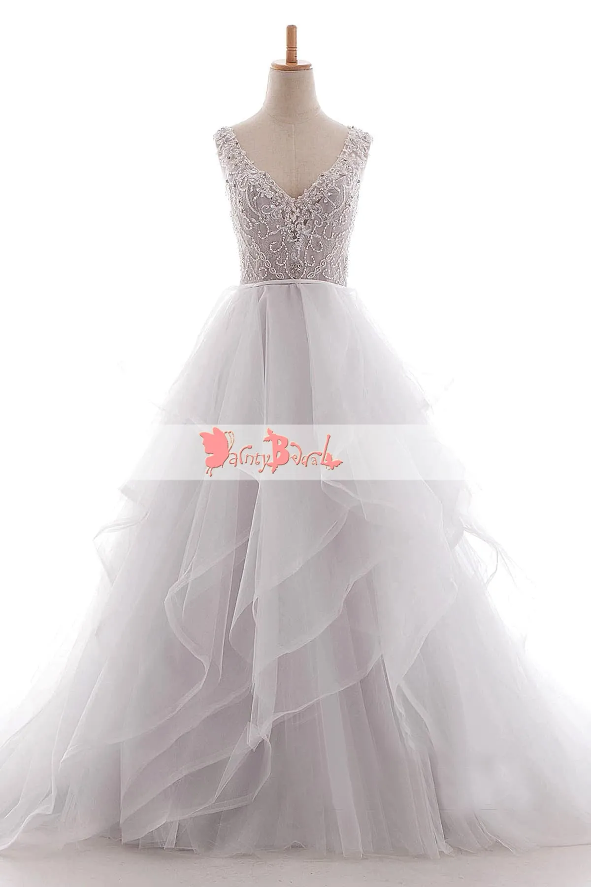 White Beaded Lace Top Ruffles Ball Gown Princess Wedding Dresses,DB0129