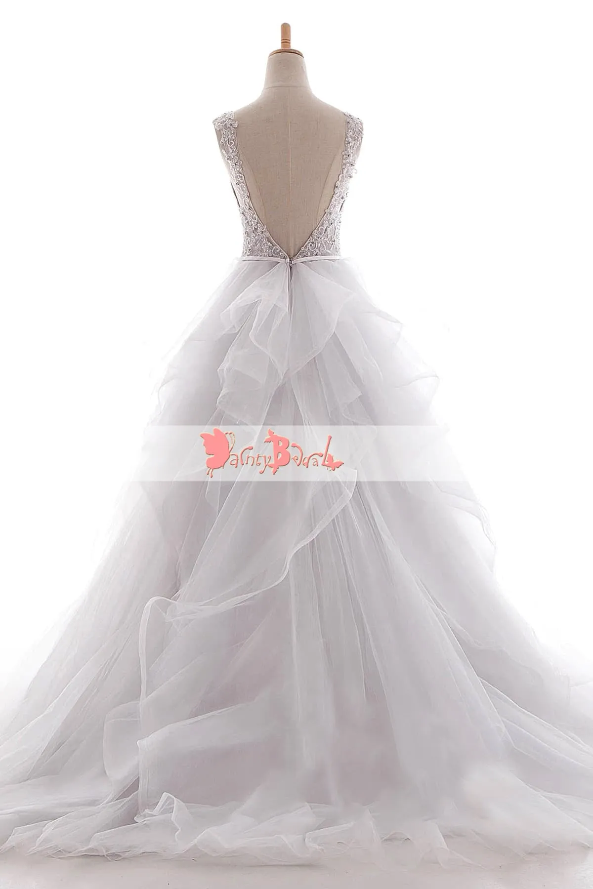 White Beaded Lace Top Ruffles Ball Gown Princess Wedding Dresses,DB0129