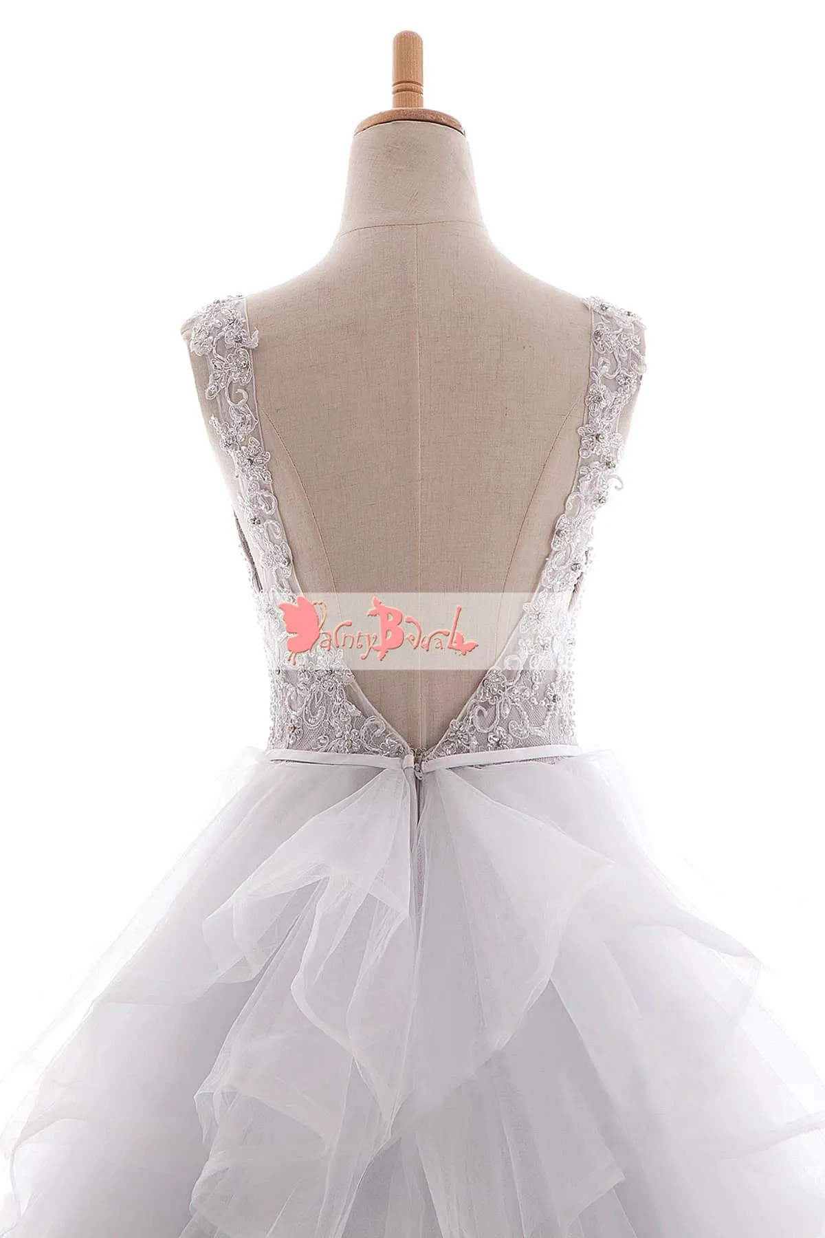 White Beaded Lace Top Ruffles Ball Gown Princess Wedding Dresses,DB0129