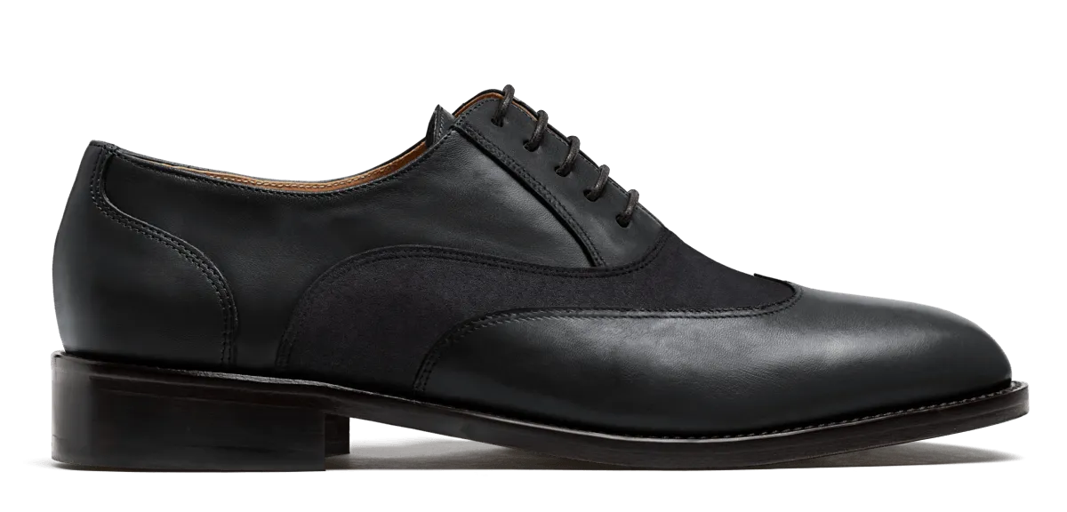 Wingtip Oxfords in blue & black suede & leather