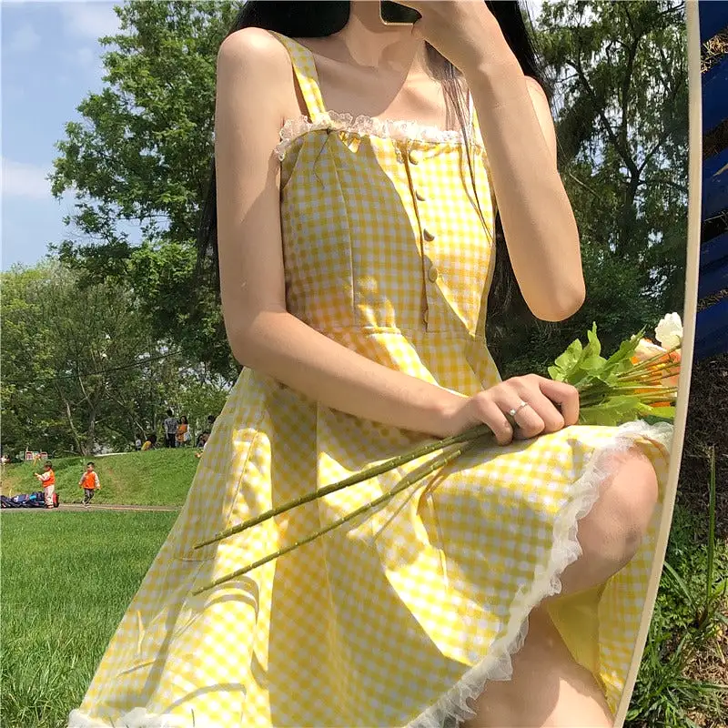 Yellow Plaid Trim Dress AD210145